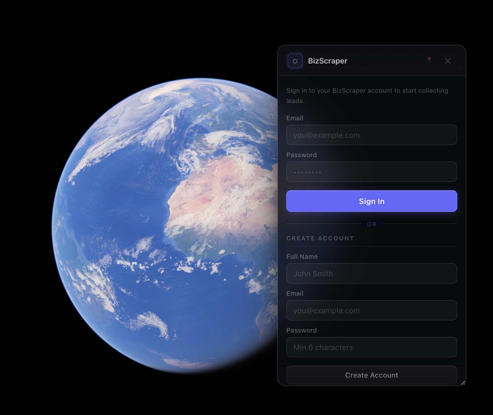 BizScraper extension login screen