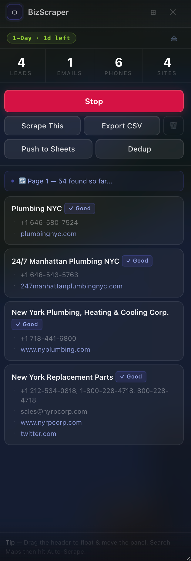 BizScraper results with lead cards